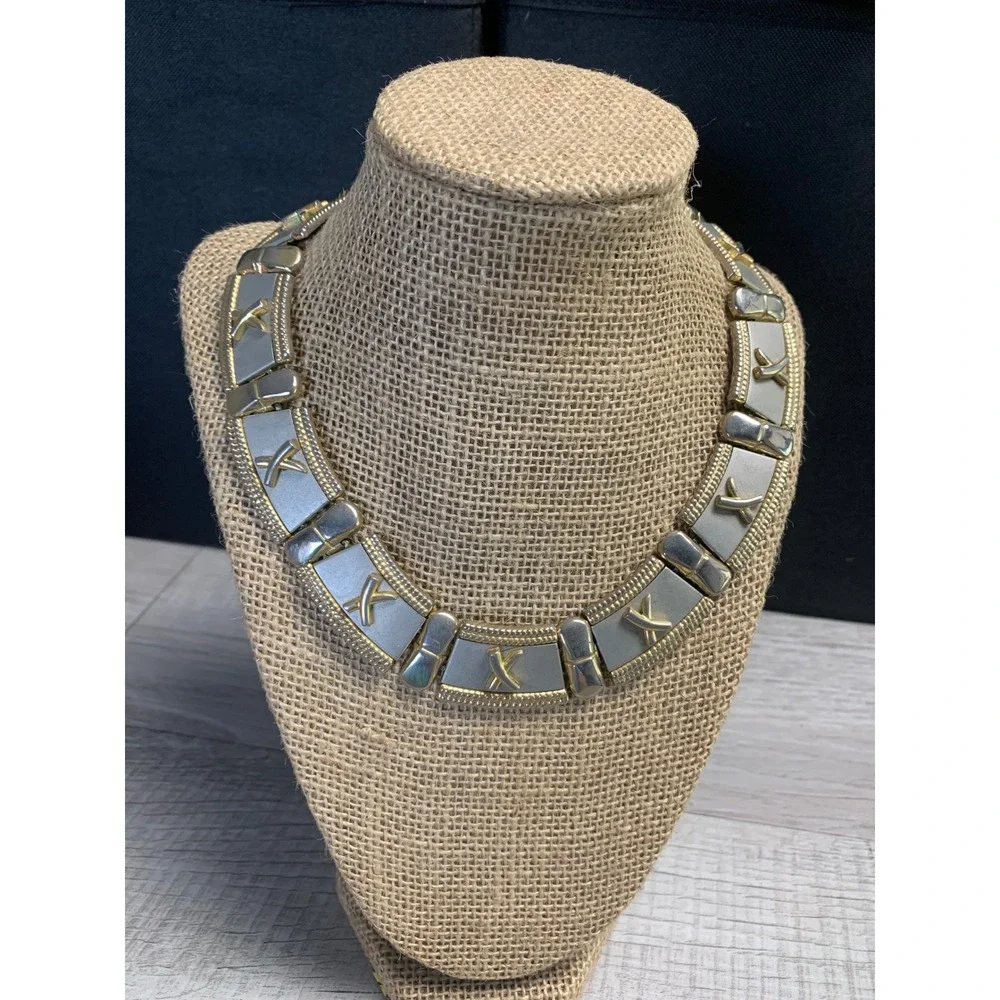 Vintage Two Tone Silver Gold X Link Statement Collar Necklace 11.5 Inch